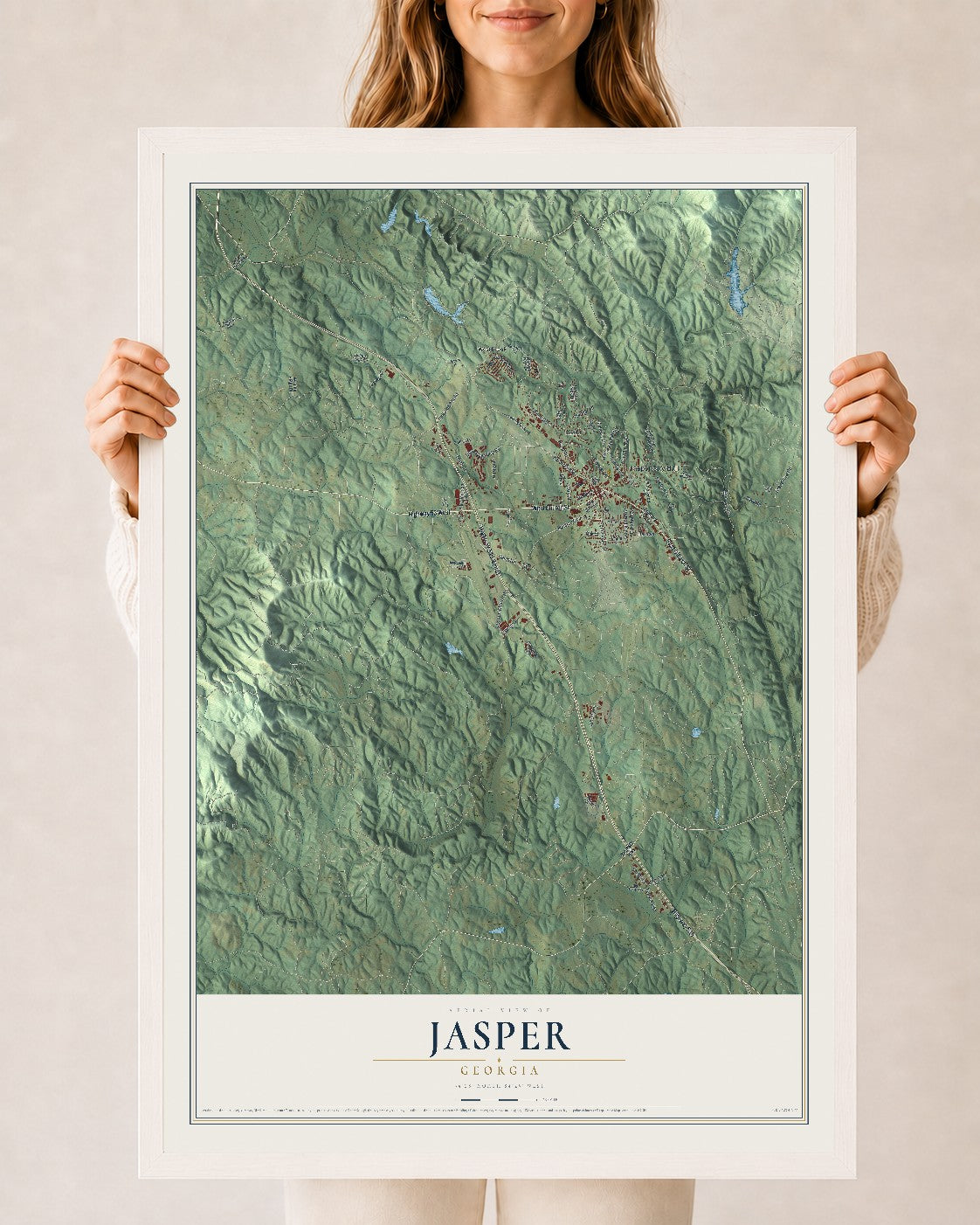 Jasper, Georgia map print, 24" x 36" W/ White Ayous Wood Frame mockup