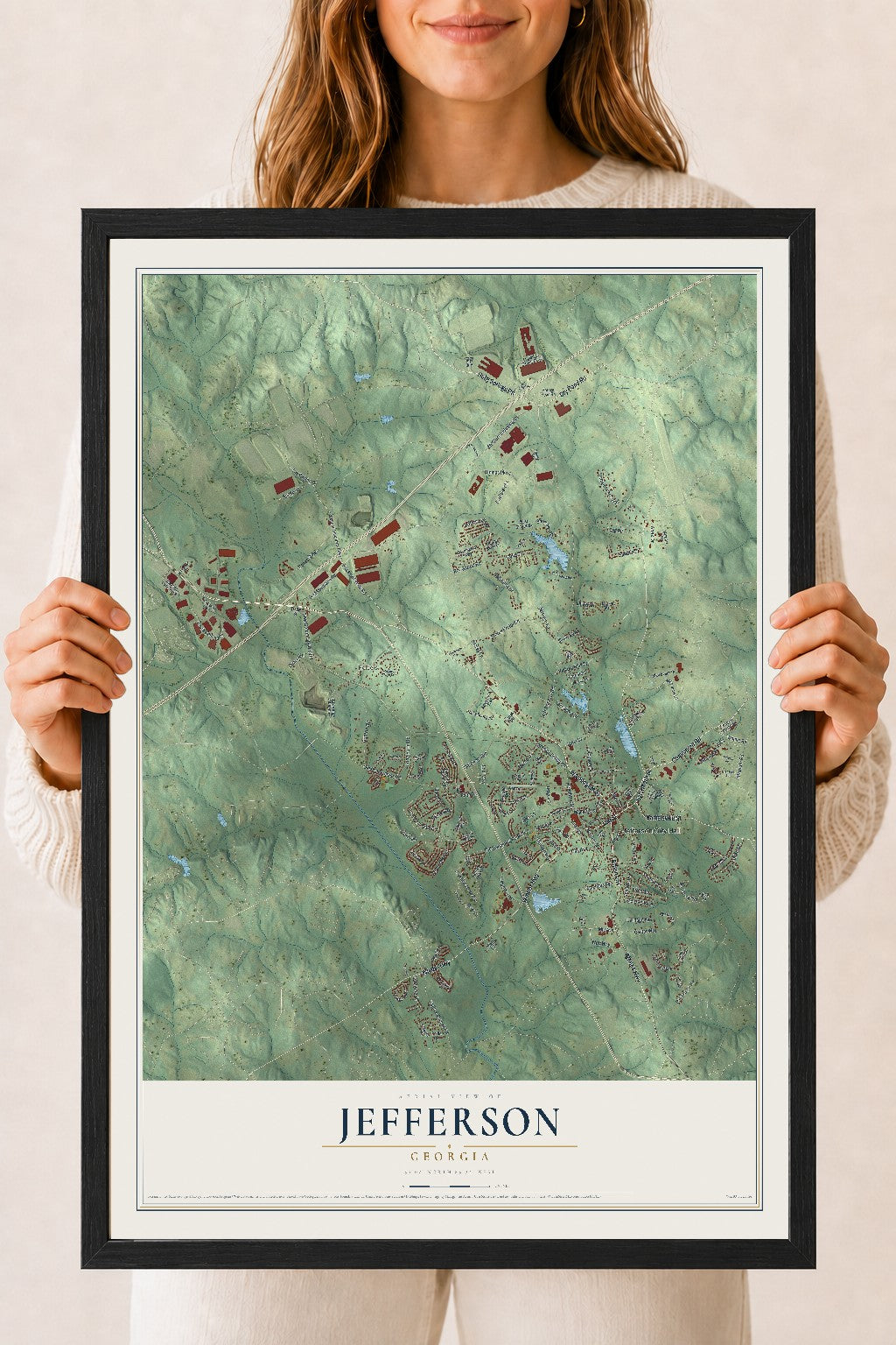 Jefferson, Georgia map print, 18" x 24" W/ Black Ayous Wood Frame mockup