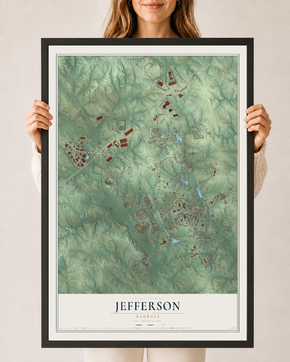 Jefferson, Georgia map print, 24" x 36" W/ Black Ayous Wood Frame mockup