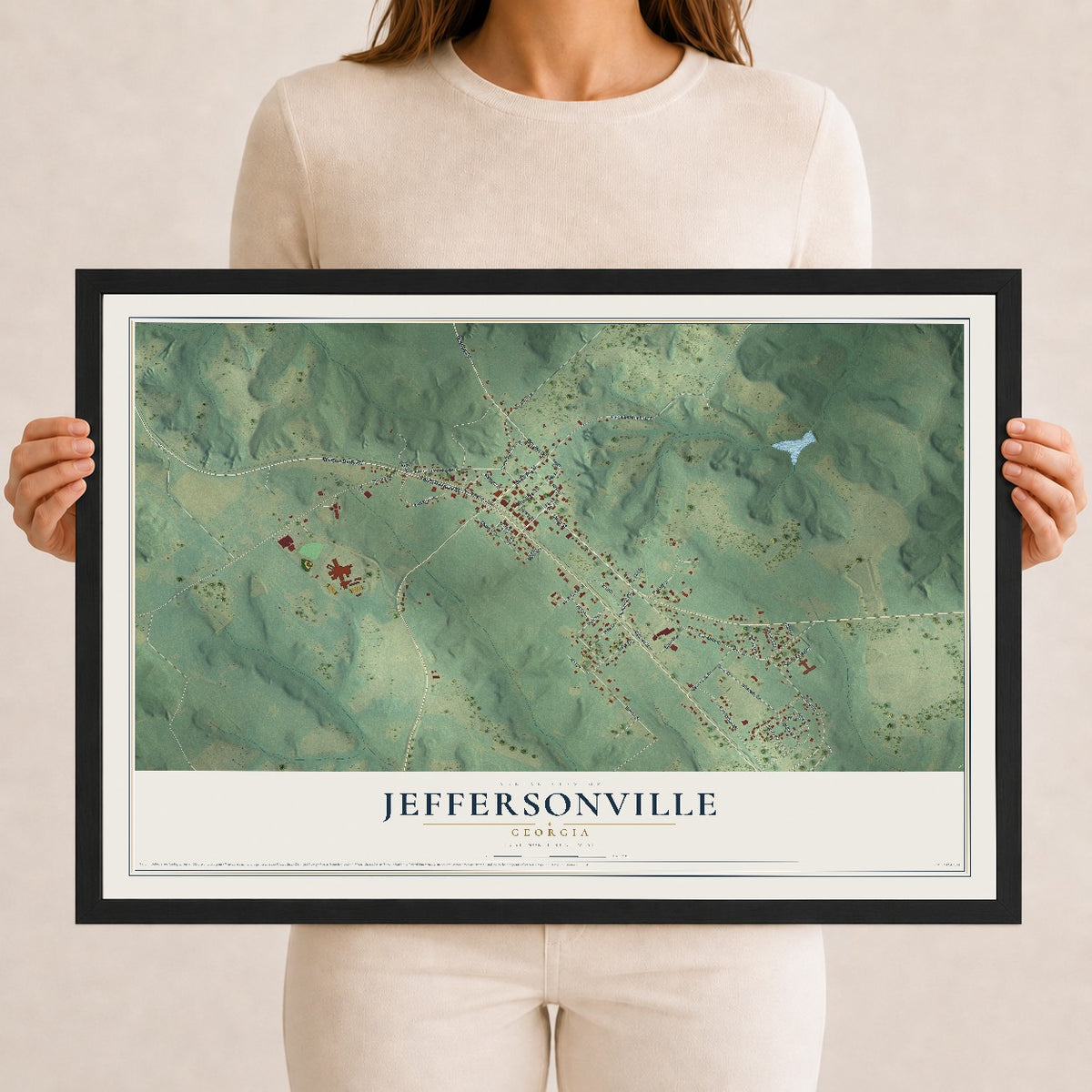 Jeffersonville, Georgia map print, 12" x 18" W/ Black Ayous Wood Frame mockup