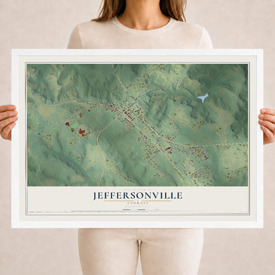 Jeffersonville, Georgia map print, 18" x 24" W/ White Ayous Wood Frame mockup