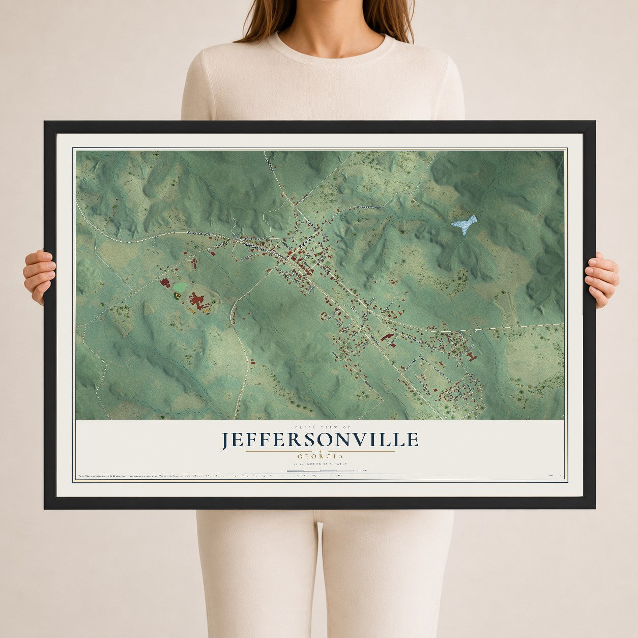 Jeffersonville, Georgia map print, 24" x 36" W/ Black Ayous Wood Frame mockup