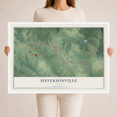 Jeffersonville, Georgia map print, 24" x 36" W/ White Ayous Wood Frame mockup
