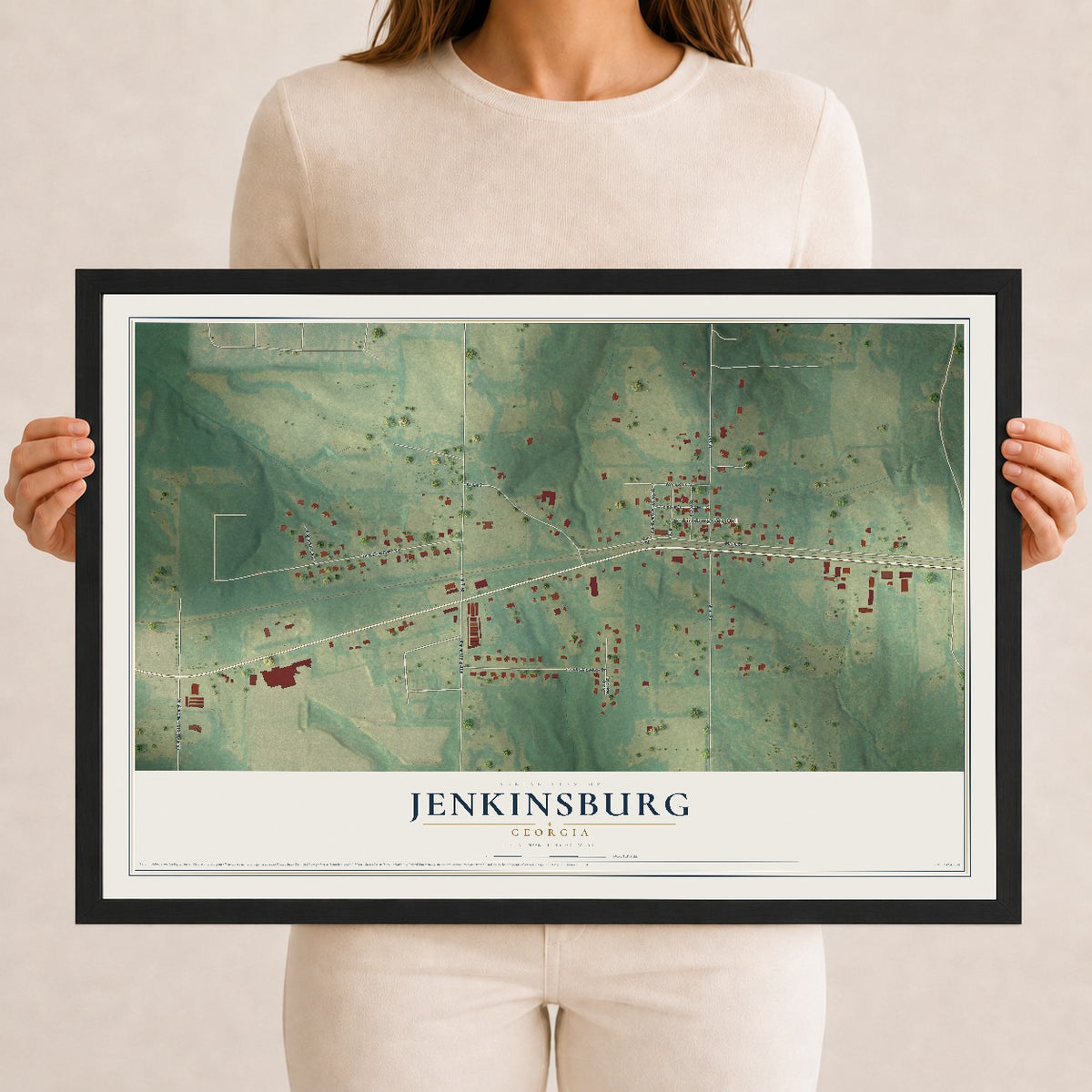 Jenkinsburg, Georgia map print, 12" x 18" W/ Black Ayous Wood Frame mockup