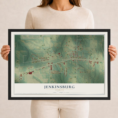 Jenkinsburg, Georgia map print, 12" x 18" W/ Black Ayous Wood Frame mockup