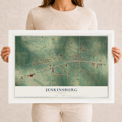 Jenkinsburg, Georgia map print, 12" x 18" W/ White Ayous Wood Frame mockup