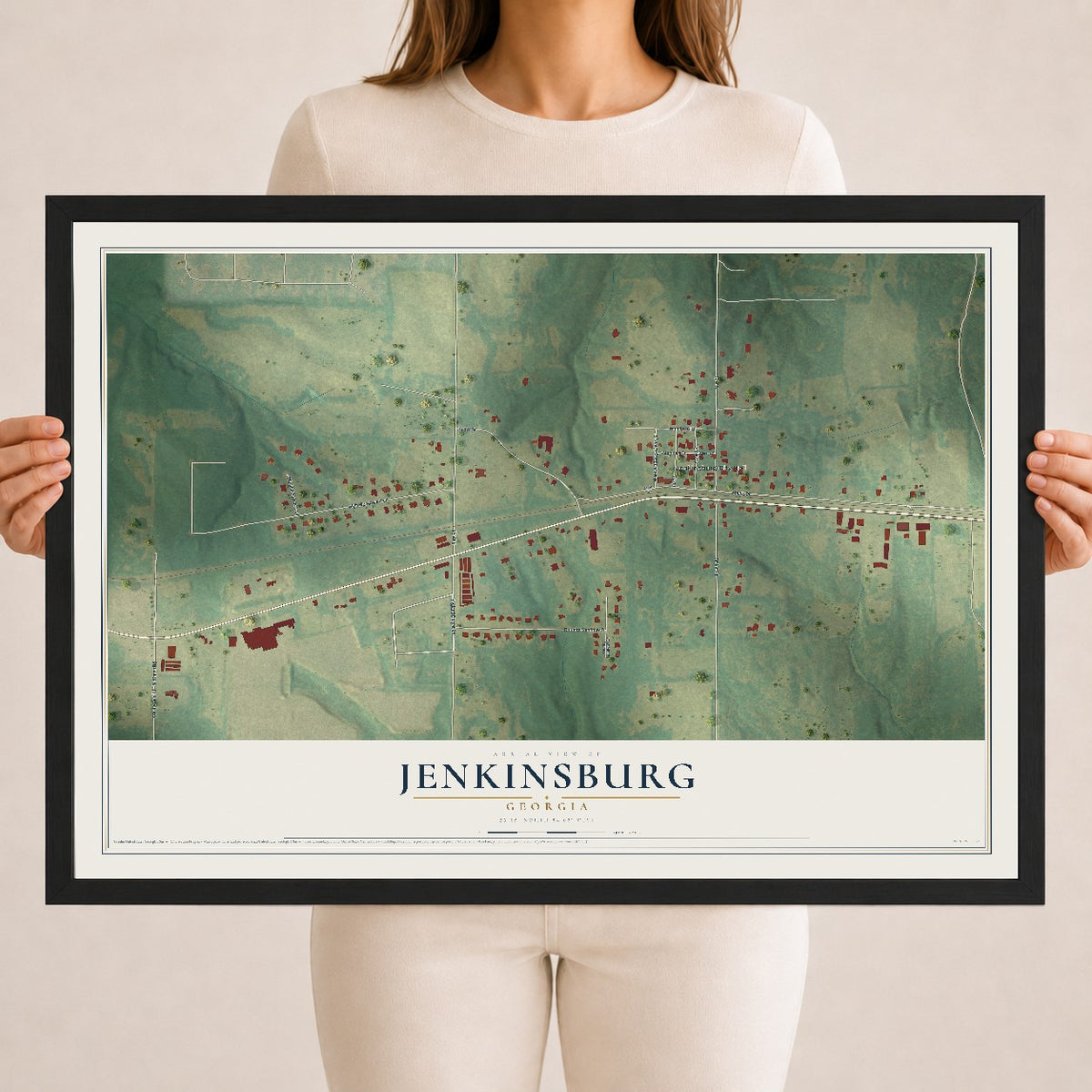Jenkinsburg, Georgia map print, 18" x 24" W/ Black Ayous Wood Frame mockup