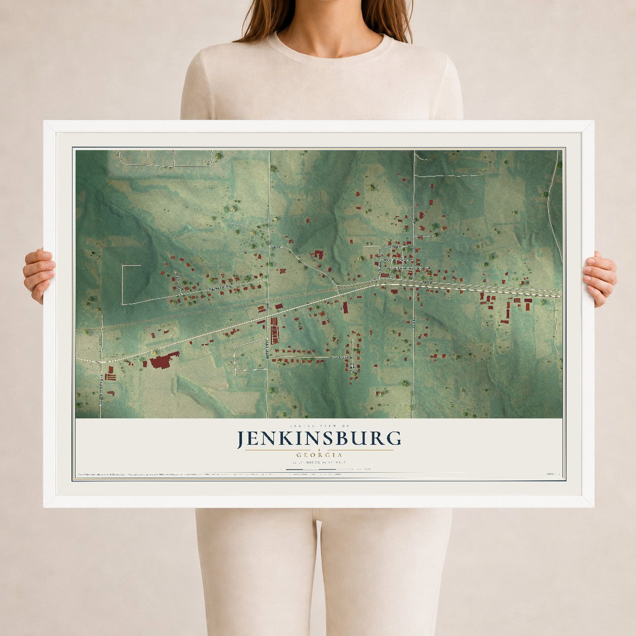 Jenkinsburg, Georgia map print, 24" x 36" W/ White Ayous Wood Frame mockup