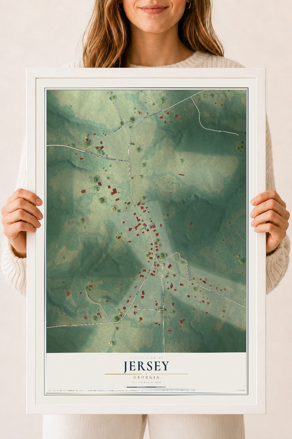 Jersey, Georgia map print, 18" x 24" W/ White Ayous Wood Frame mockup