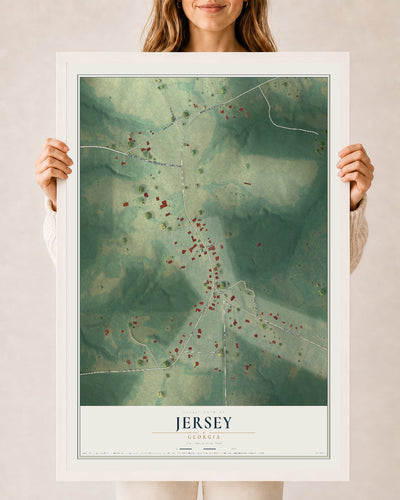 Jersey, Georgia map print, 24" x 36" W/ White Ayous Wood Frame mockup