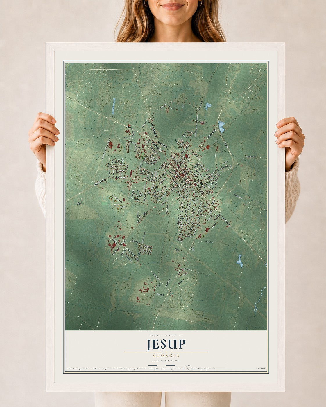 Jesup, Georgia map print, 24" x 36" W/ White Ayous Wood Frame mockup
