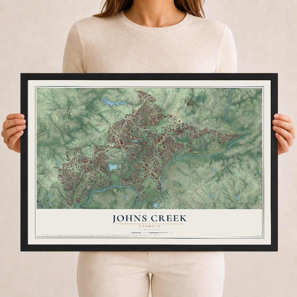 Johns Creek, Georgia map print, 12" x 18" W/ Black Ayous Wood Frame mockup