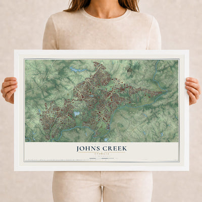 Johns Creek, Georgia map print, 12" x 18" W/ White Ayous Wood Frame mockup