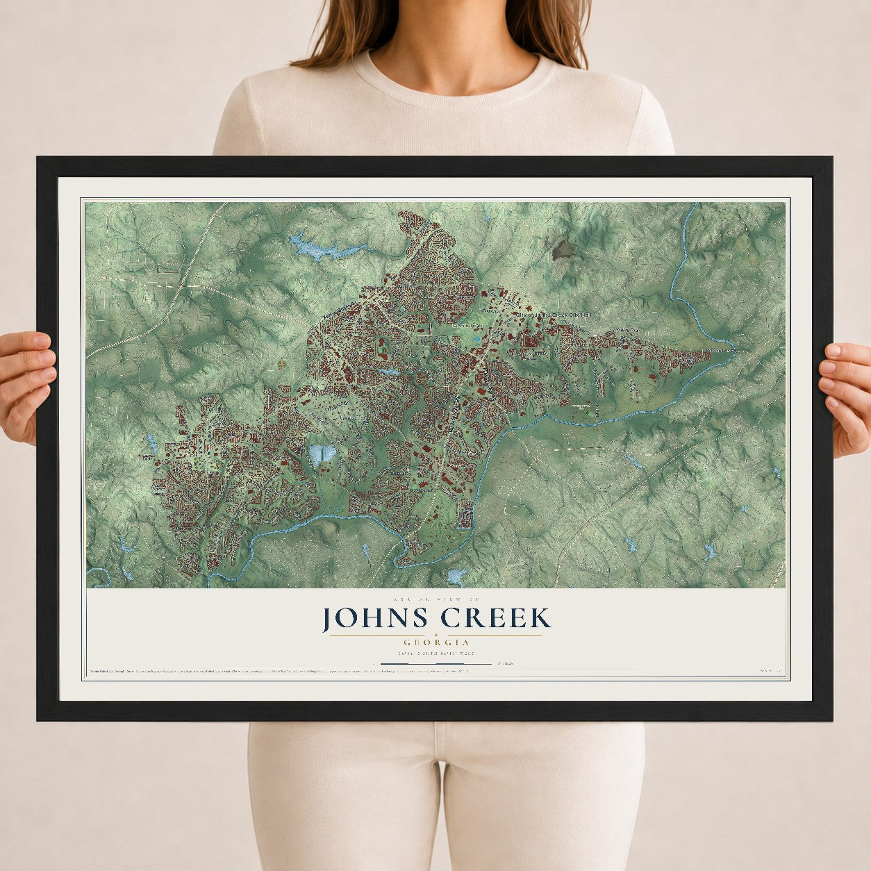 Johns Creek, Georgia map print, 18" x 24" W/ Black Ayous Wood Frame mockup