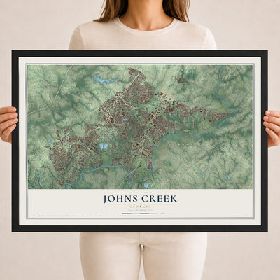 Johns Creek, Georgia map print, 18" x 24" W/ Black Ayous Wood Frame mockup