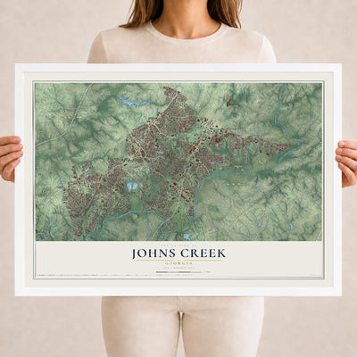 Johns Creek, Georgia map print, 18" x 24" W/ White Ayous Wood Frame mockup
