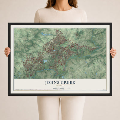 Johns Creek, Georgia map print, 24" x 36" W/ Black Ayous Wood Frame mockup