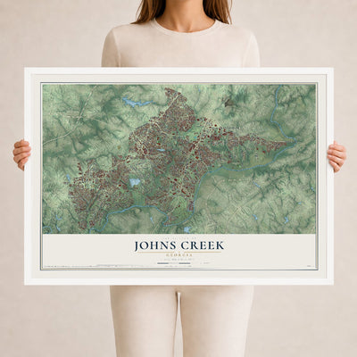 Johns Creek, Georgia map print, 24" x 36" W/ White Ayous Wood Frame mockup