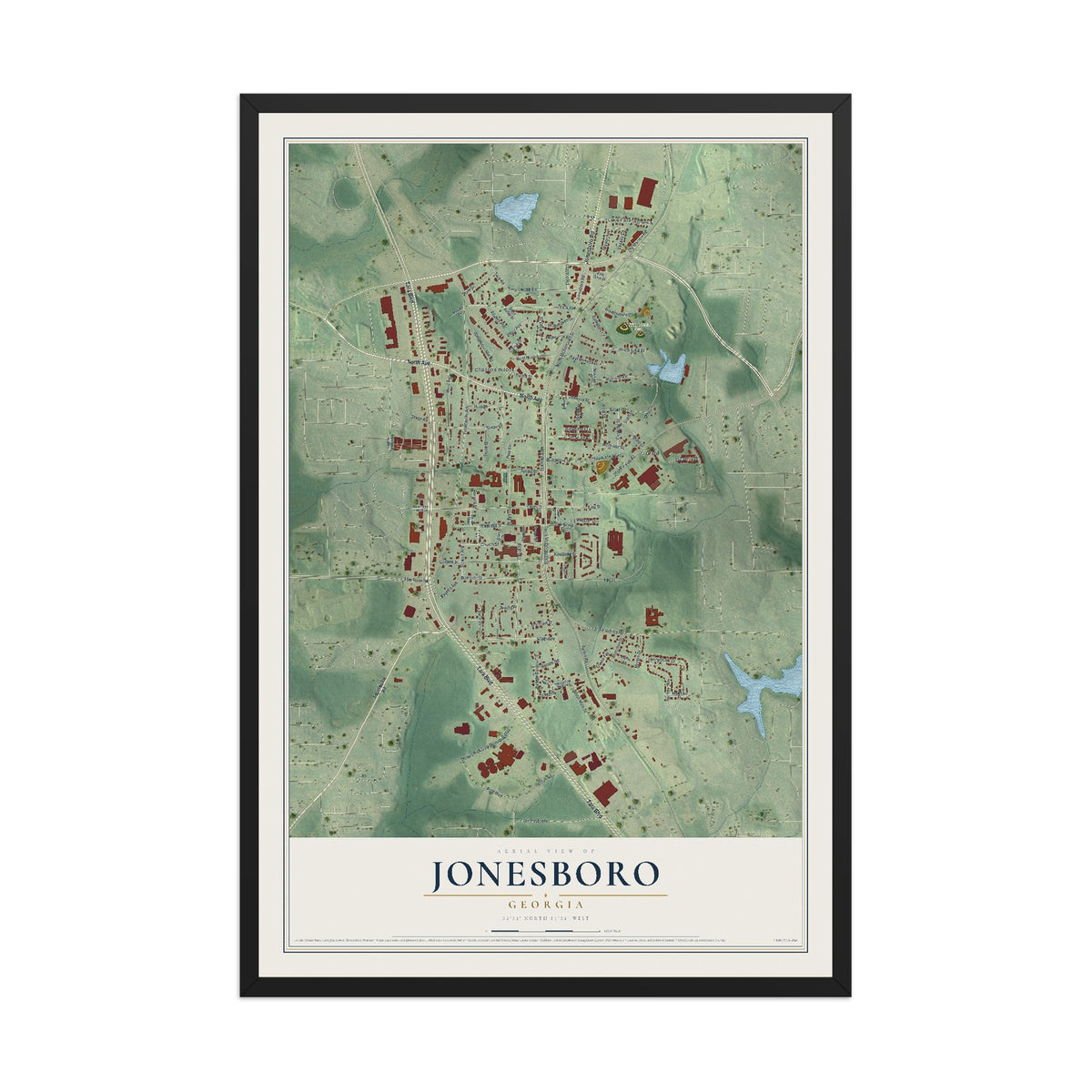 Jonesboro, Georgia map print, 12" x 18" W/ Black Ayous Wood Frame mockup