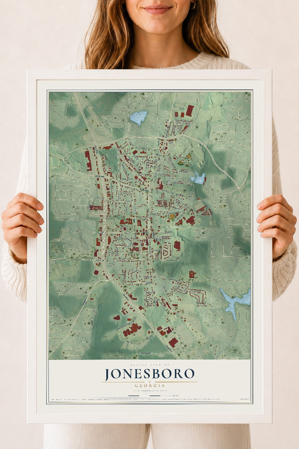 Jonesboro, Georgia map print, 18" x 24" W/ White Ayous Wood Frame mockup