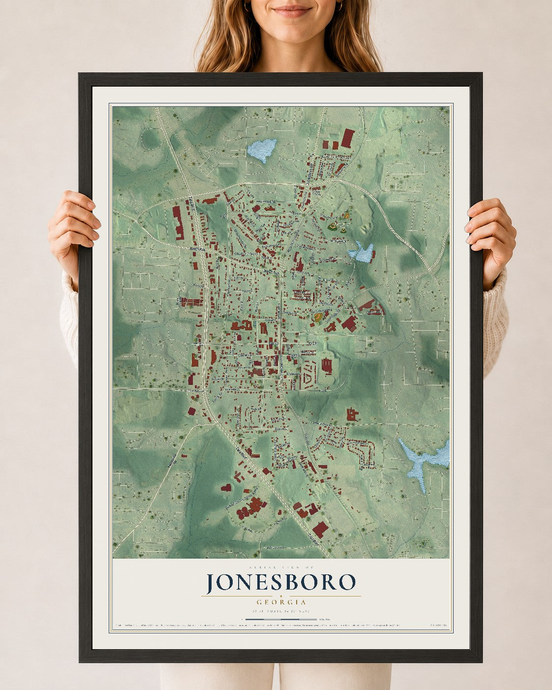 Jonesboro, Georgia map print, 24" x 36" W/ Black Ayous Wood Frame mockup