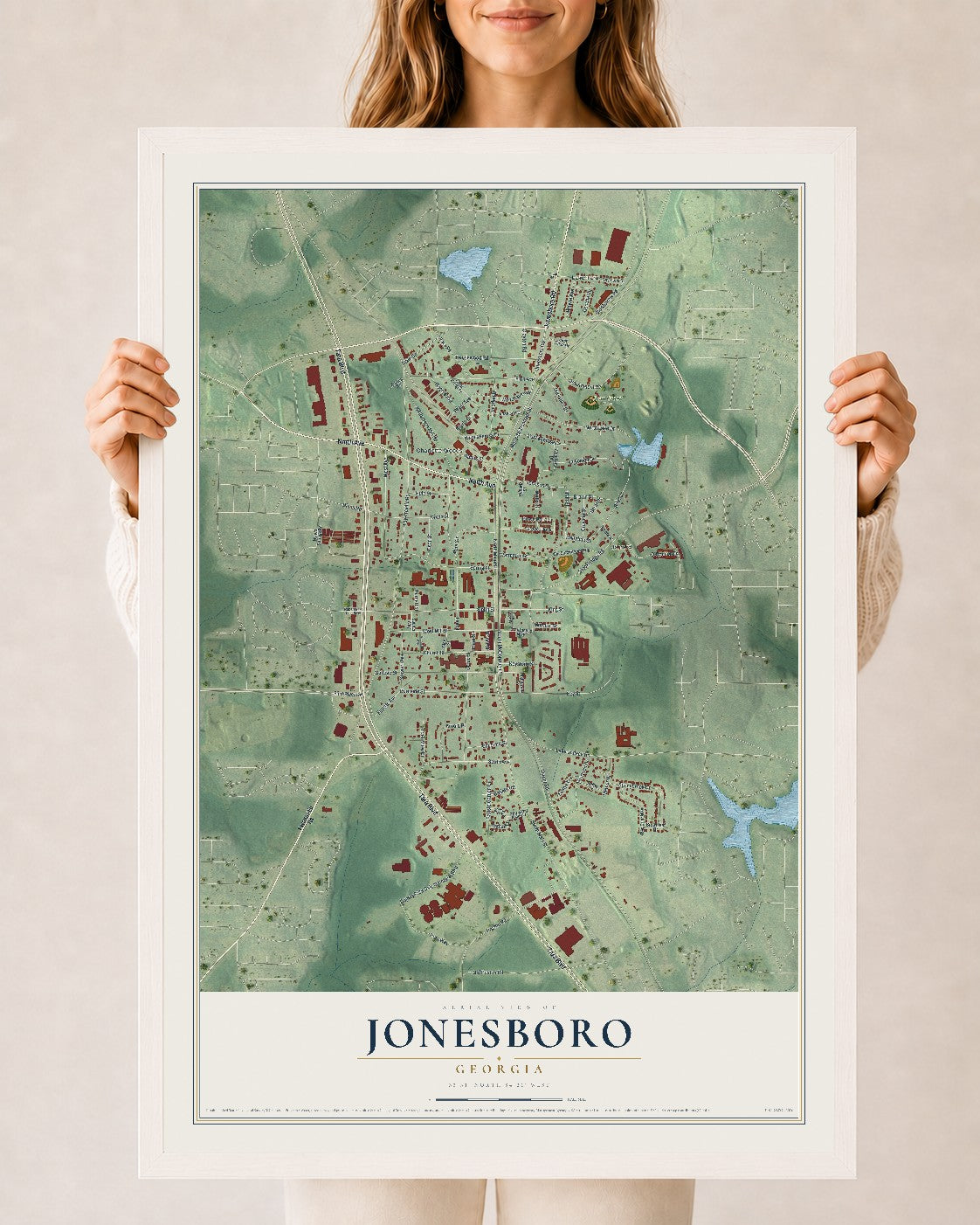 Jonesboro, Georgia map print, 24" x 36" W/ White Ayous Wood Frame mockup