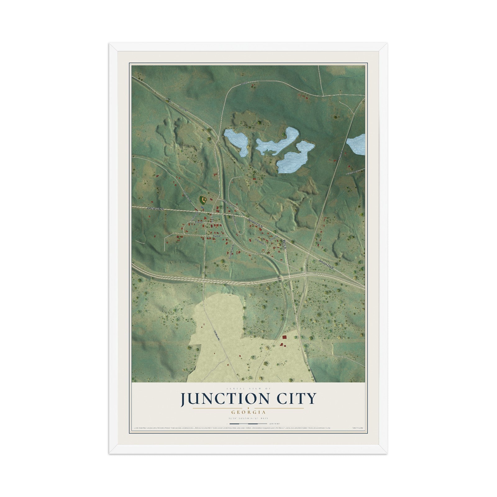 Junction City, Georgia map print, 12" x 18" W/ White Ayous Wood Frame mockup