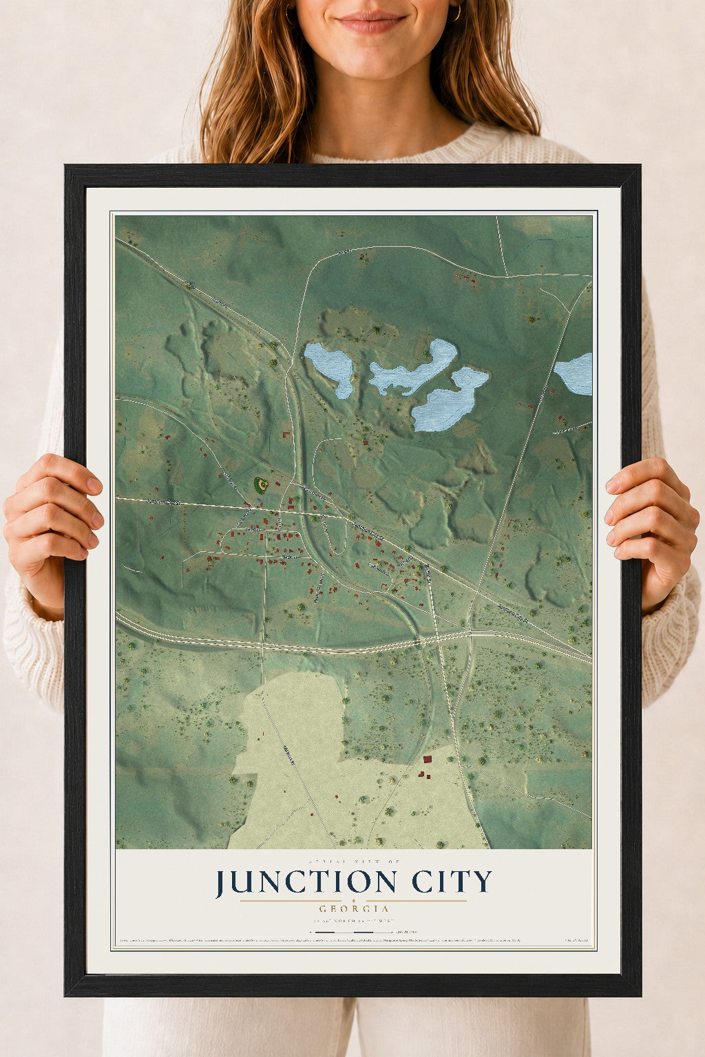 Junction City, Georgia map print, 18" x 24" W/ Black Ayous Wood Frame mockup
