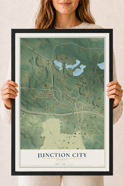Junction City, Georgia map print, 18" x 24" W/ Black Ayous Wood Frame mockup