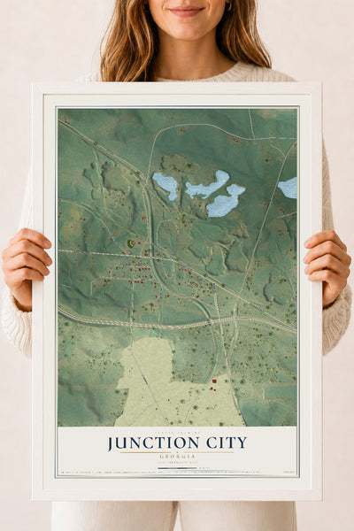 Junction City, Georgia map print, 18" x 24" W/ White Ayous Wood Frame mockup