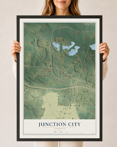 Junction City, Georgia map print, 24" x 36" W/ Black Ayous Wood Frame mockup