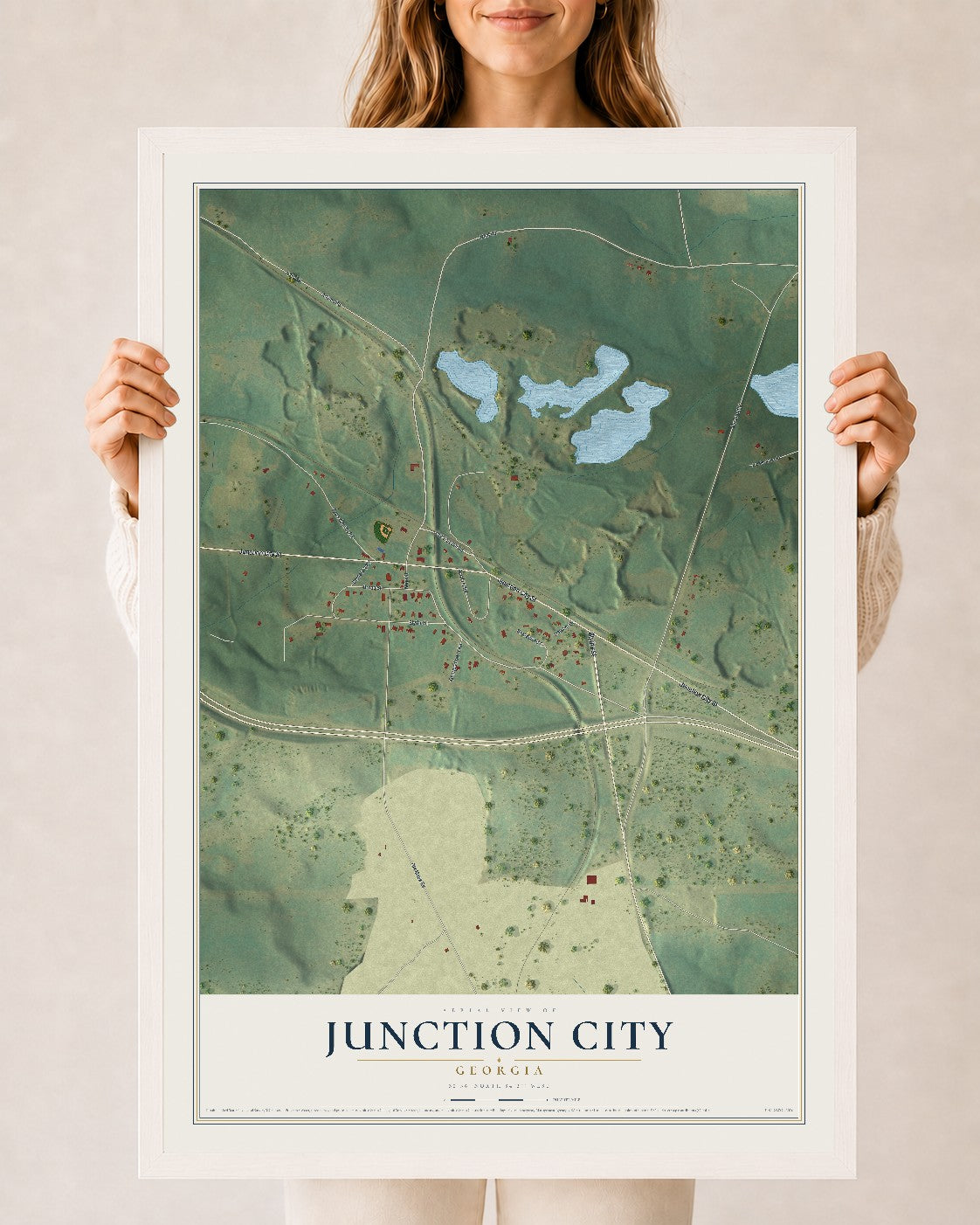 Junction City, Georgia map print, 24" x 36" W/ White Ayous Wood Frame mockup