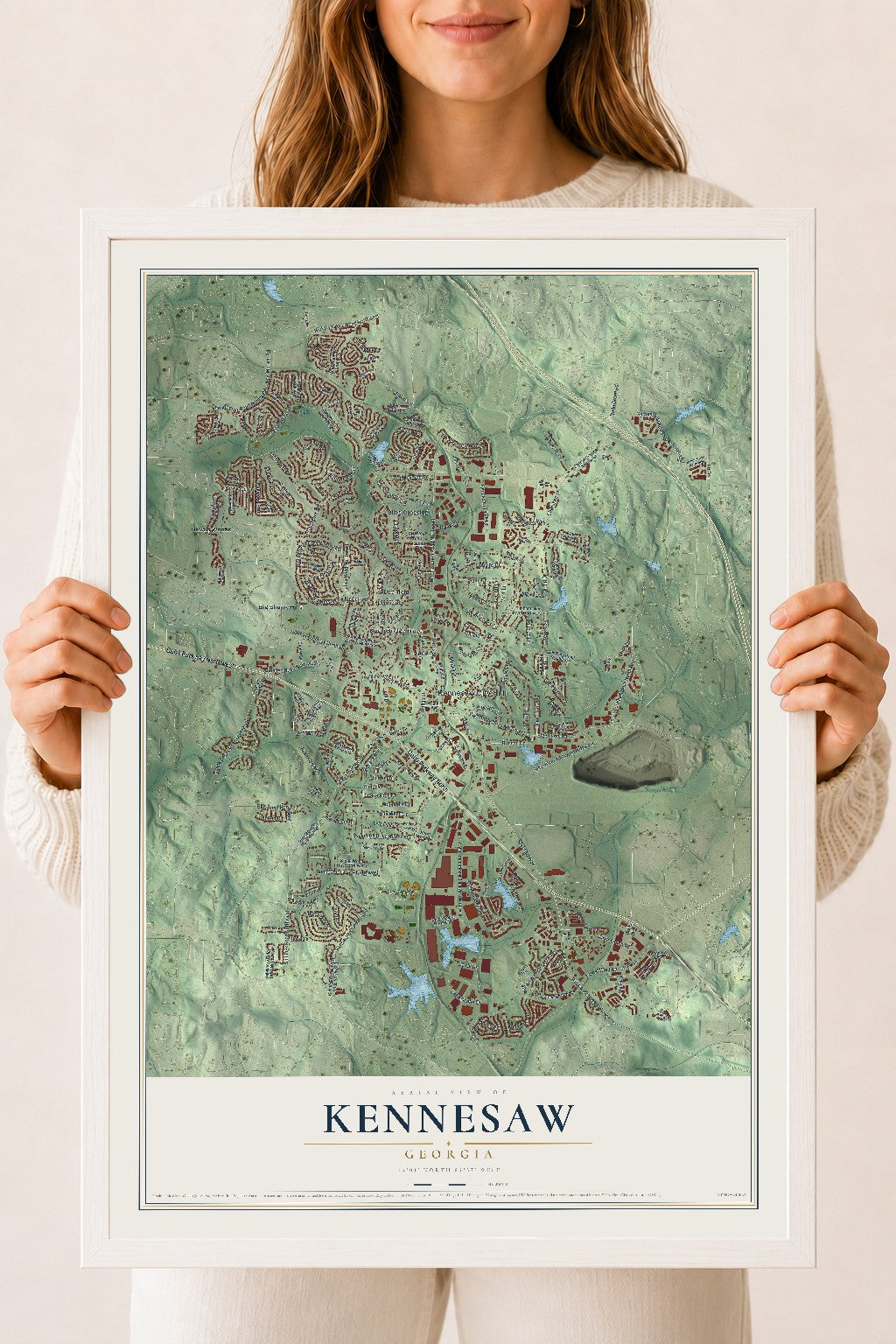 Kennesaw, Georgia map print, 18" x 24" W/ White Ayous Wood Frame mockup