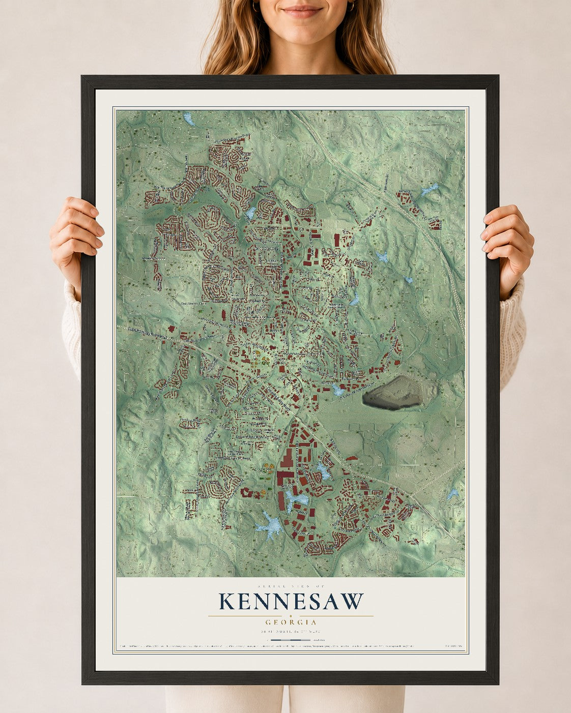 Kennesaw, Georgia map print, 24" x 36" W/ Black Ayous Wood Frame mockup