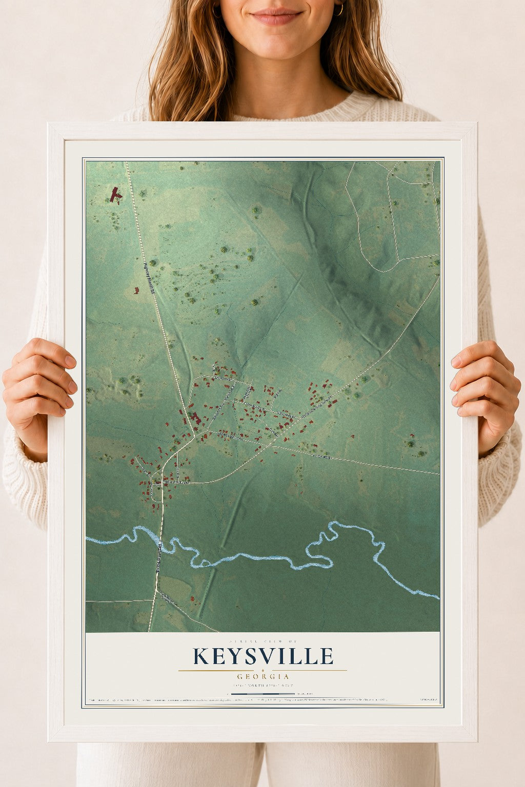 Keysville, Georgia map print, 18" x 24" W/ White Ayous Wood Frame mockup