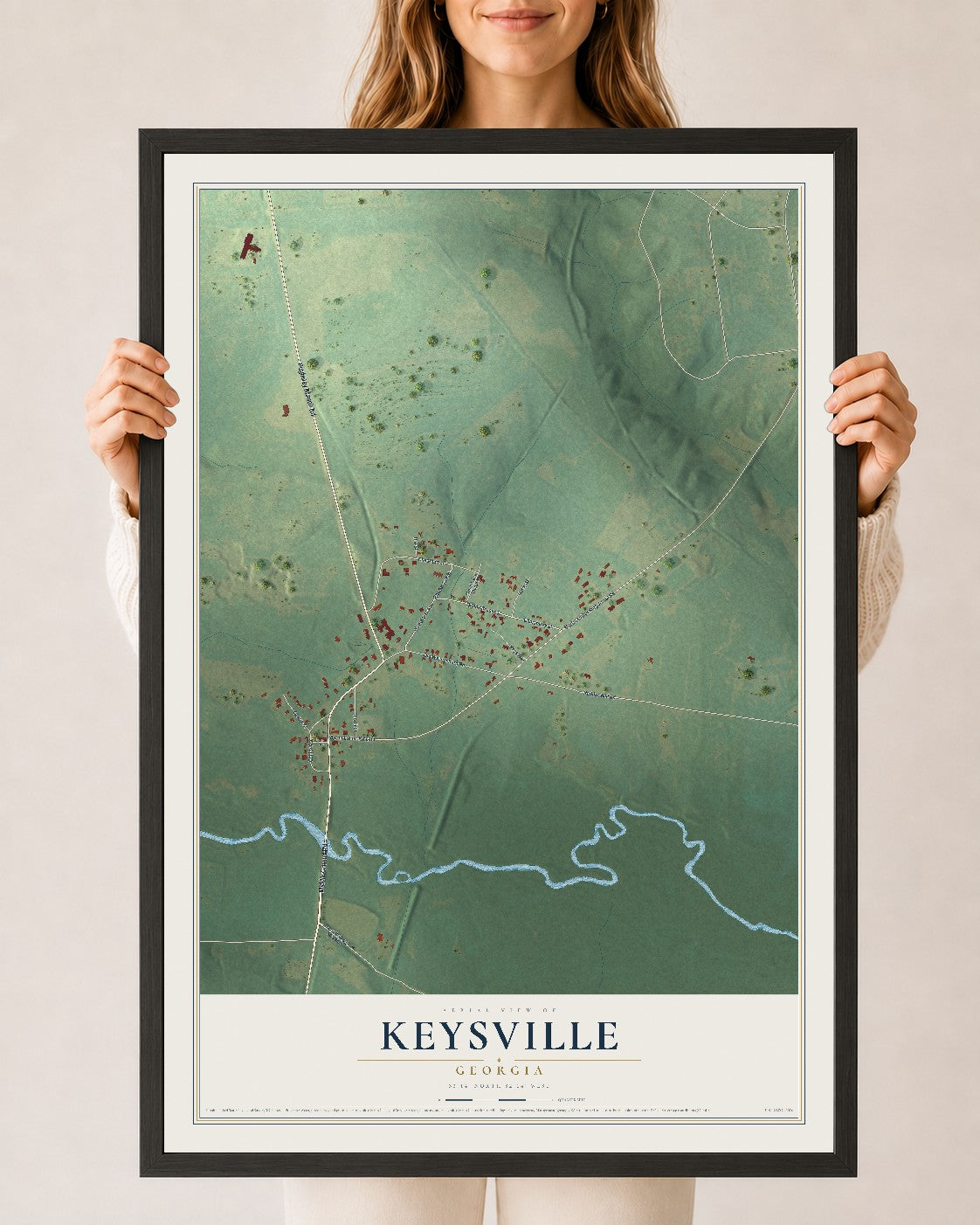Keysville, Georgia map print, 24" x 36" W/ Black Ayous Wood Frame mockup
