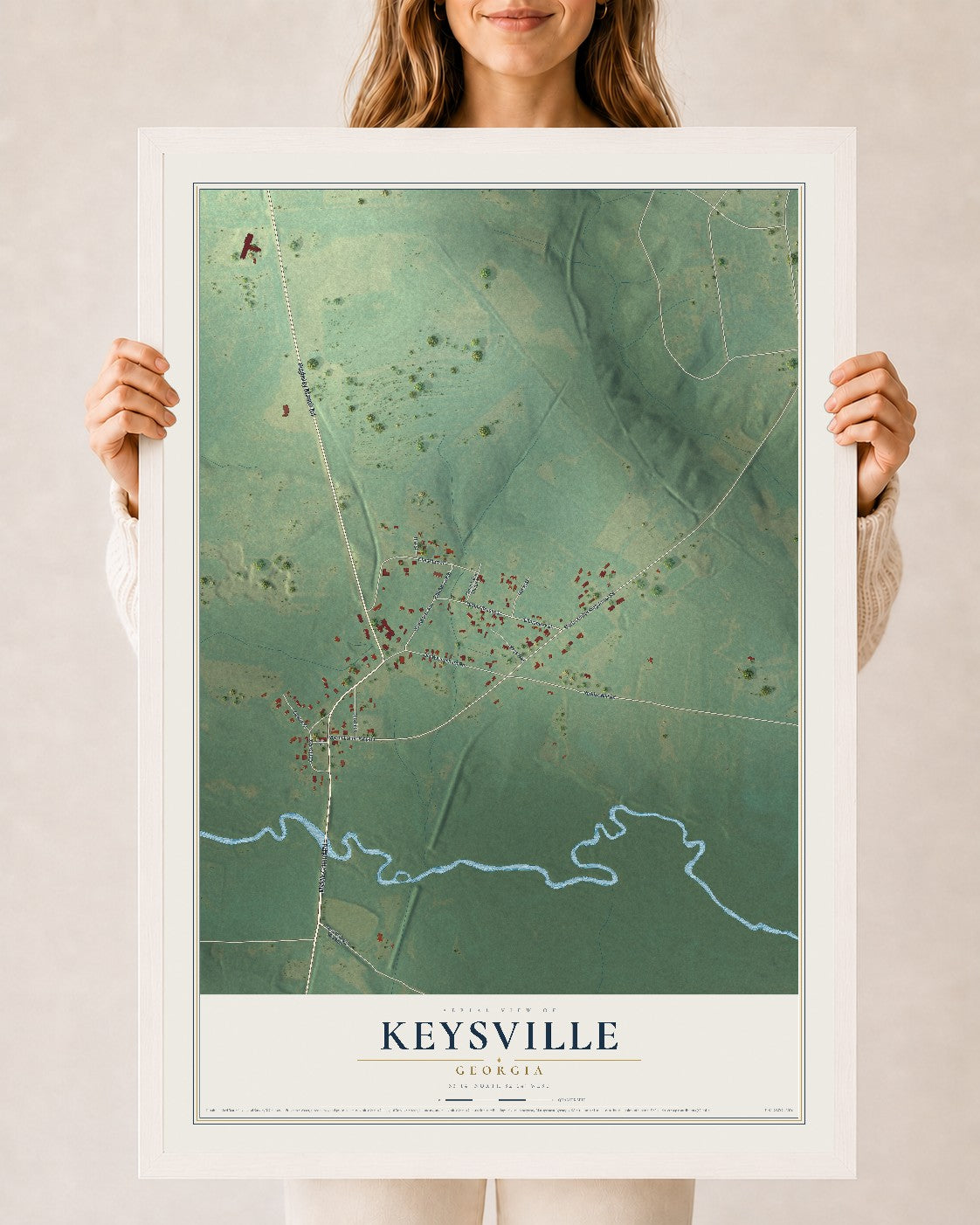 Keysville, Georgia map print, 24" x 36" W/ White Ayous Wood Frame mockup