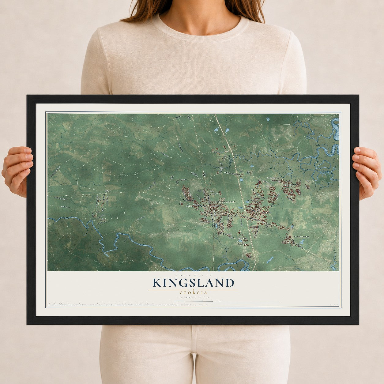 Kingsland, Georgia map print, 12" x 18" W/ Black Ayous Wood Frame mockup