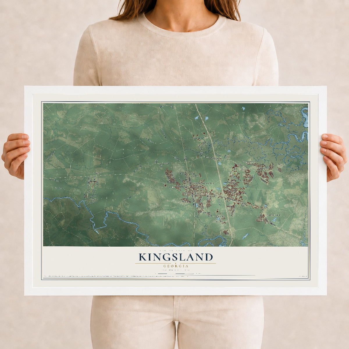 Kingsland, Georgia map print, 12" x 18" W/ White Ayous Wood Frame mockup