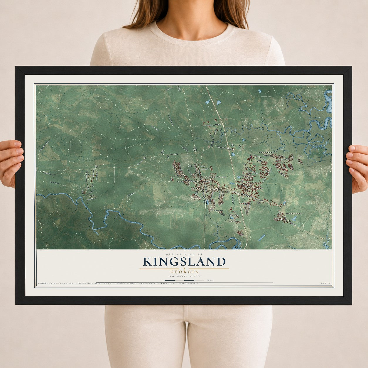 Kingsland, Georgia map print, 18" x 24" W/ Black Ayous Wood Frame mockup