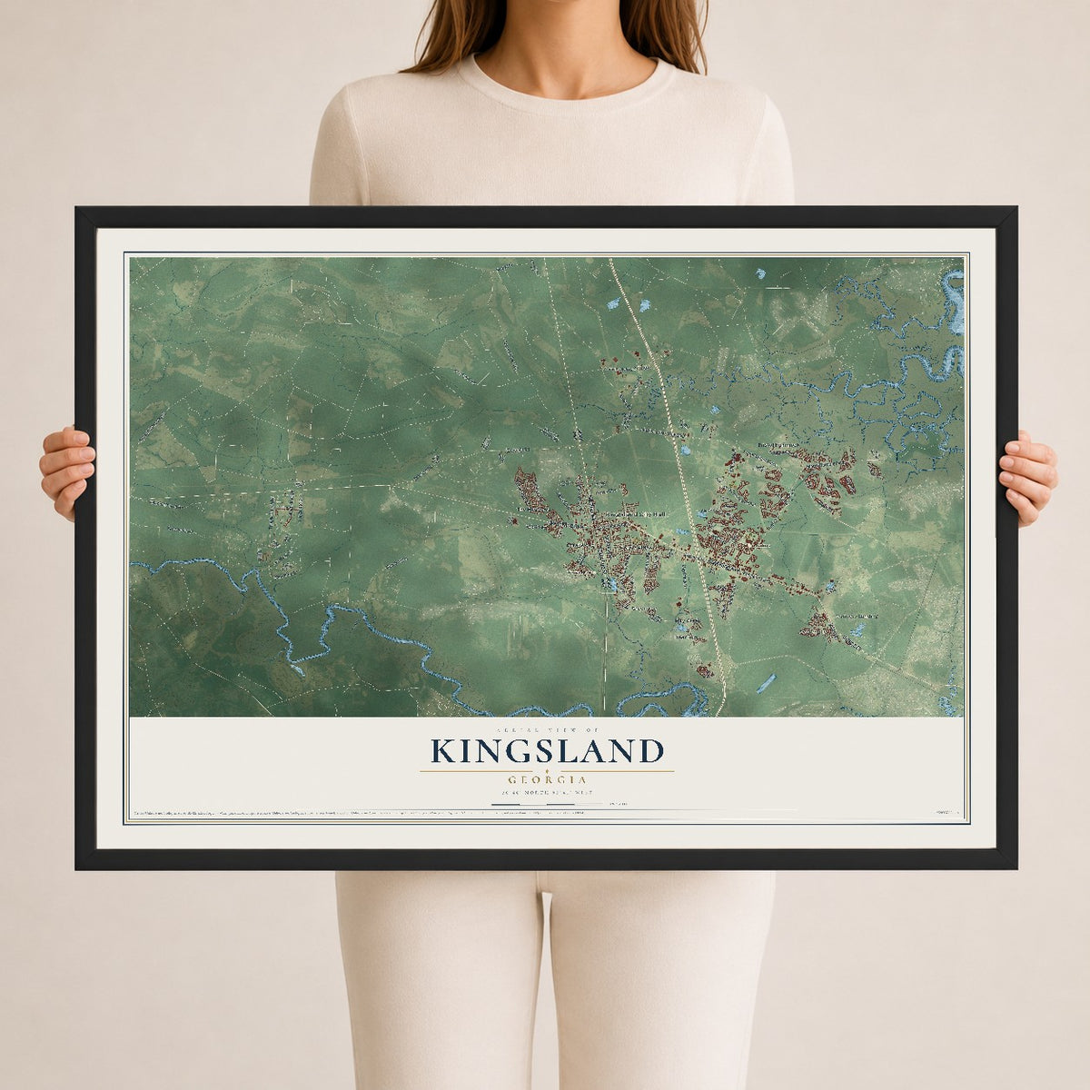 Kingsland, Georgia map print, 24" x 36" W/ Black Ayous Wood Frame mockup
