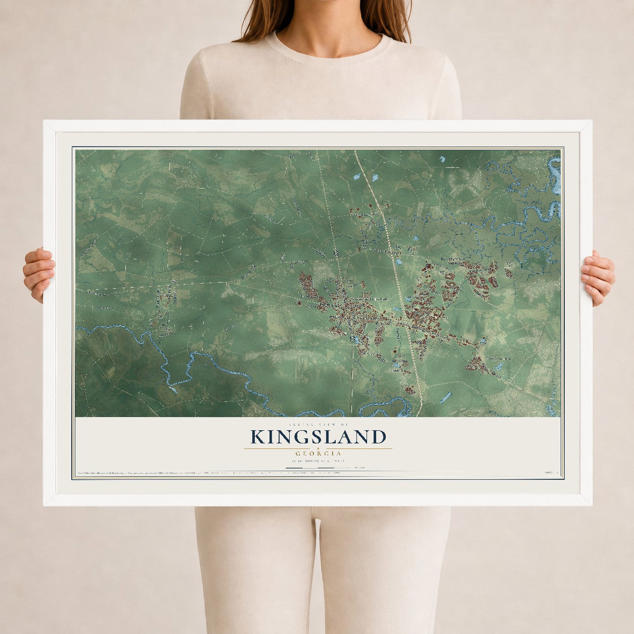 Kingsland, Georgia map print, 24" x 36" W/ White Ayous Wood Frame mockup