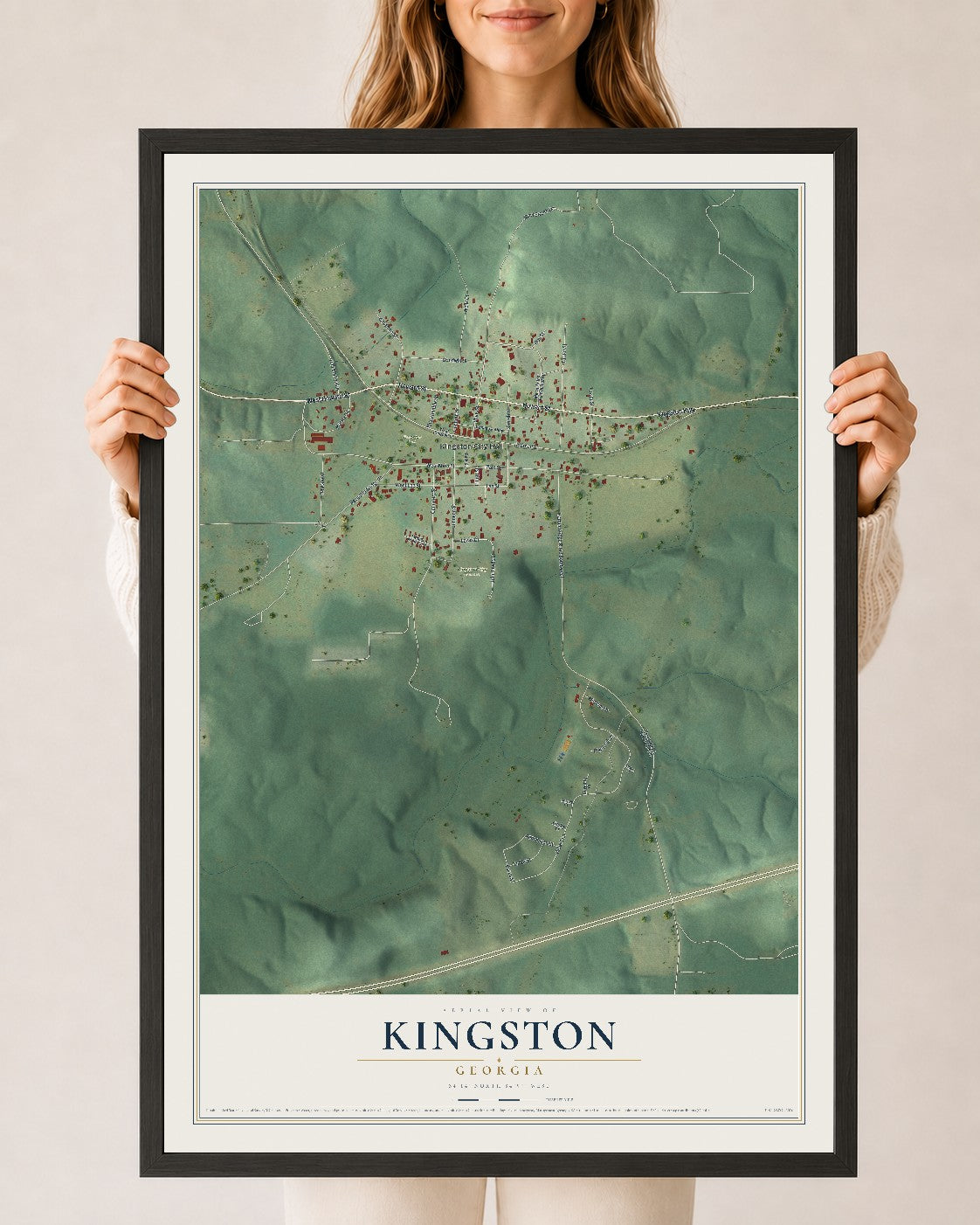 Kingston, Georgia map print, 24" x 36" W/ Black Ayous Wood Frame mockup