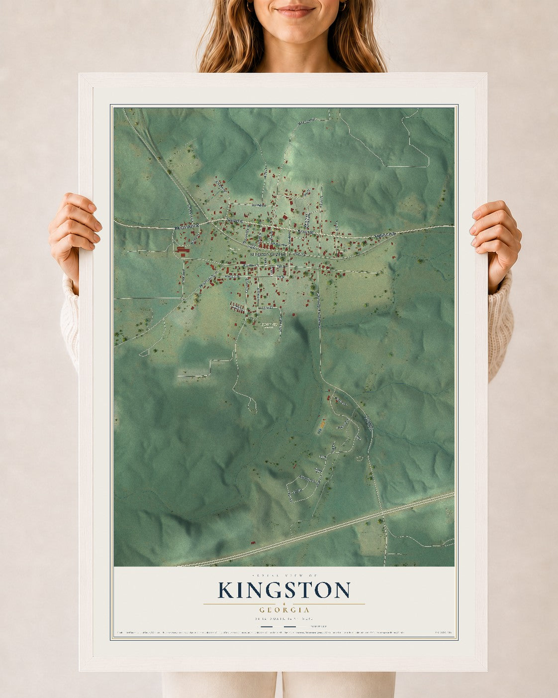 Kingston, Georgia map print, 24" x 36" W/ White Ayous Wood Frame mockup