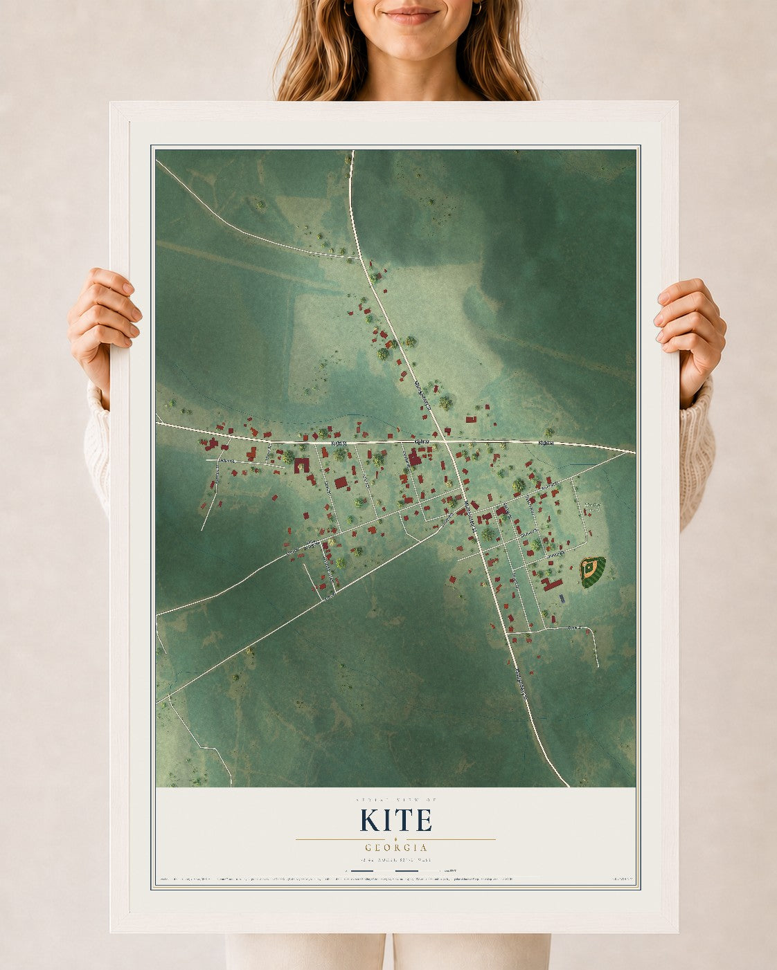 Kite, Georgia map print, 24" x 36" W/ White Ayous Wood Frame mockup