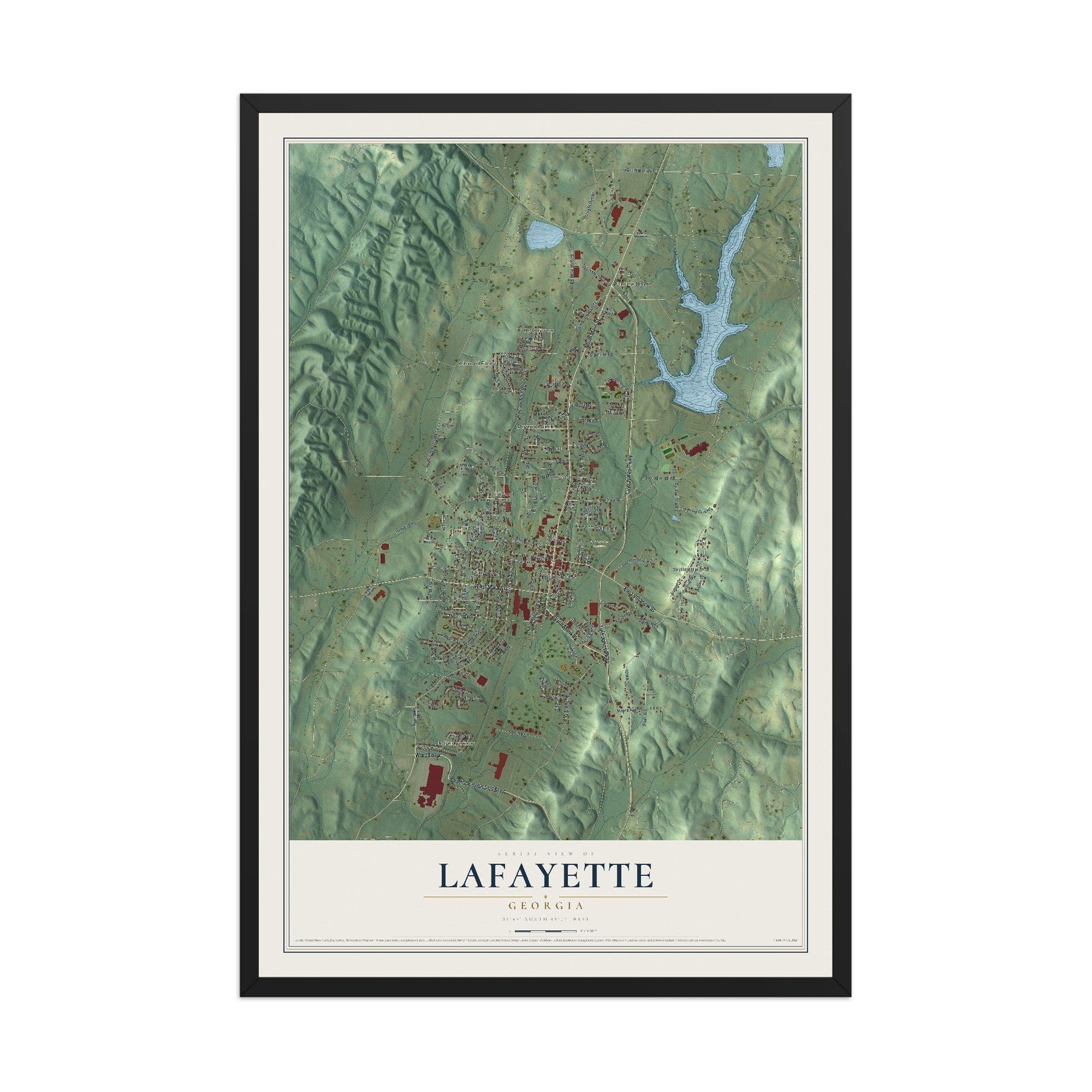 LaFayette, Georgia map print, 12" x 18" W/ Black Ayous Wood Frame mockup