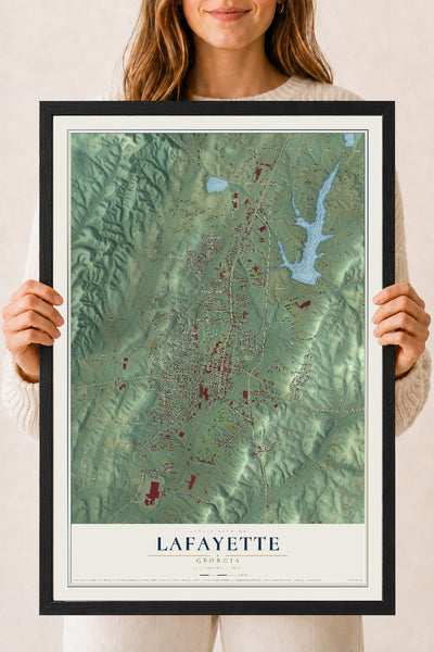 LaFayette, Georgia map print, 18" x 24" W/ Black Ayous Wood Frame mockup