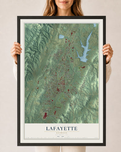 LaFayette, Georgia map print, 24" x 36" W/ Black Ayous Wood Frame mockup
