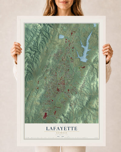 LaFayette, Georgia map print, 24" x 36" W/ White Ayous Wood Frame mockup