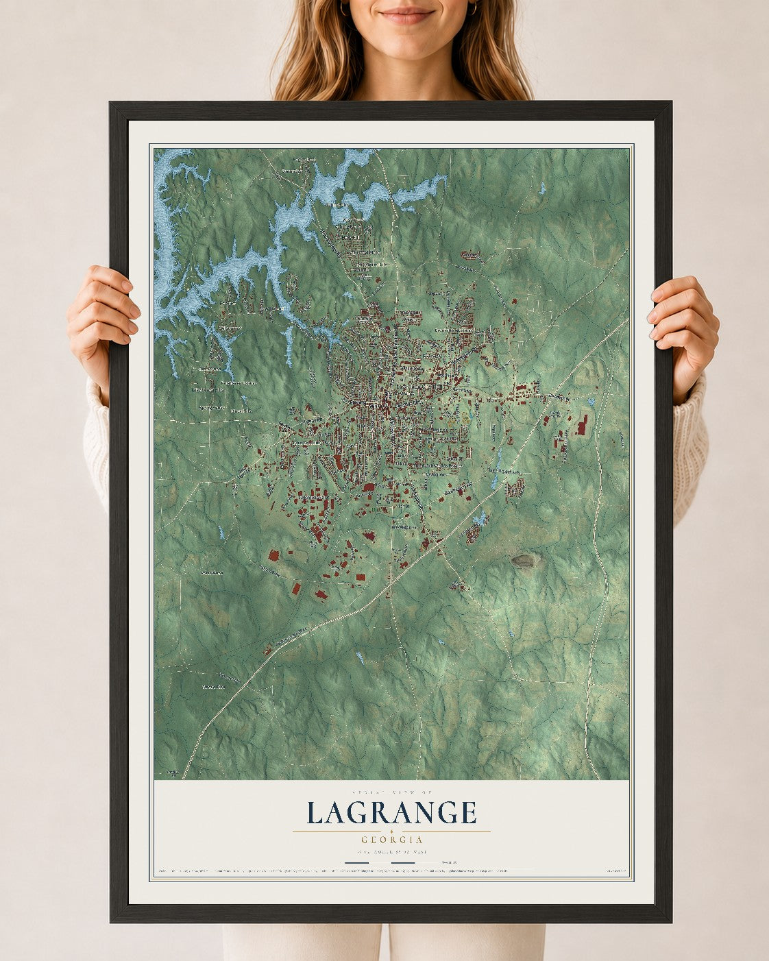 LaGrange, Georgia map print, 24" x 36" W/ Black Ayous Wood Frame mockup